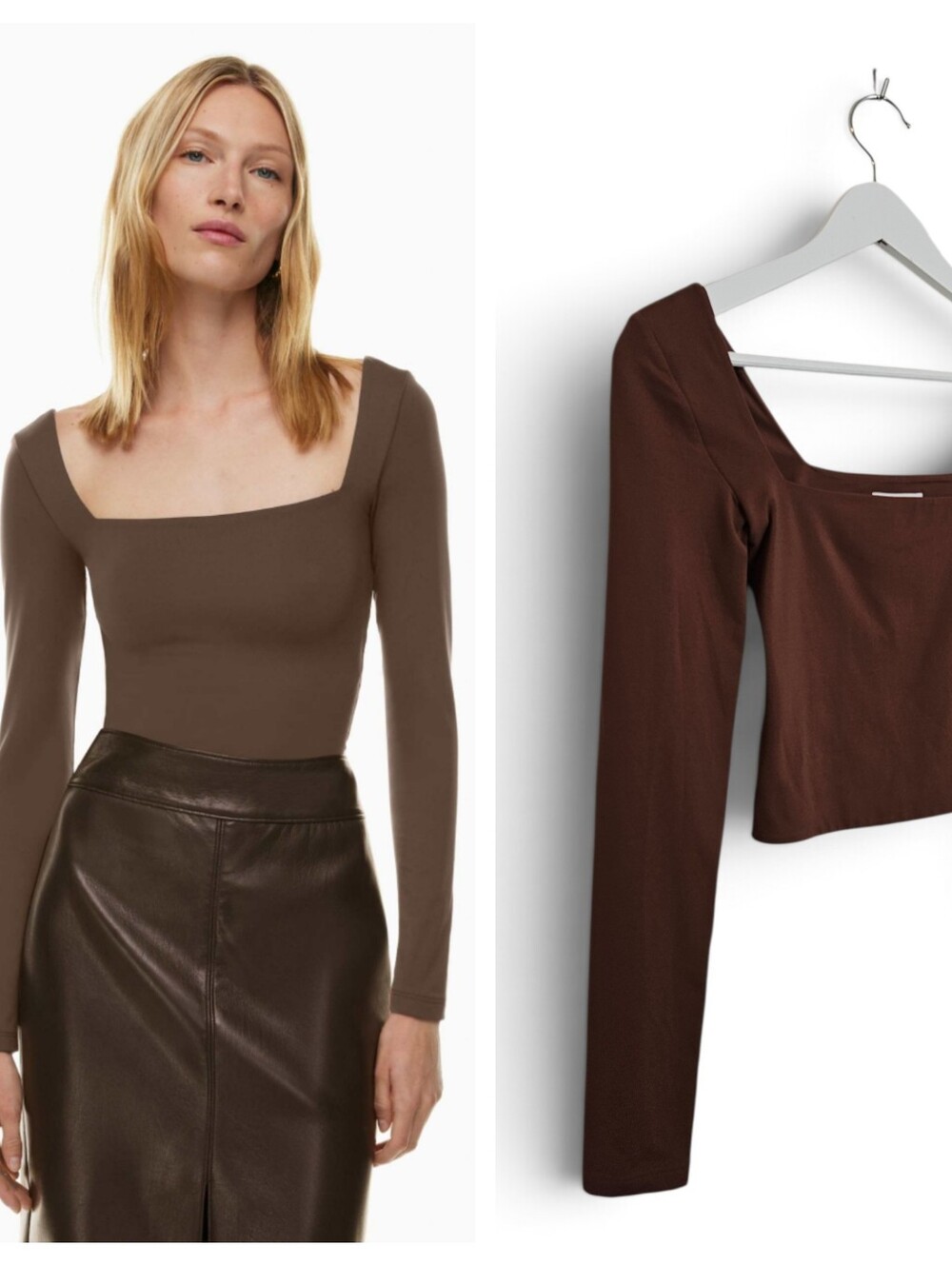 Aritzia Babaton Top XS Contour Squareneck Cropped Long Sleeve Quiet Luxury Brown